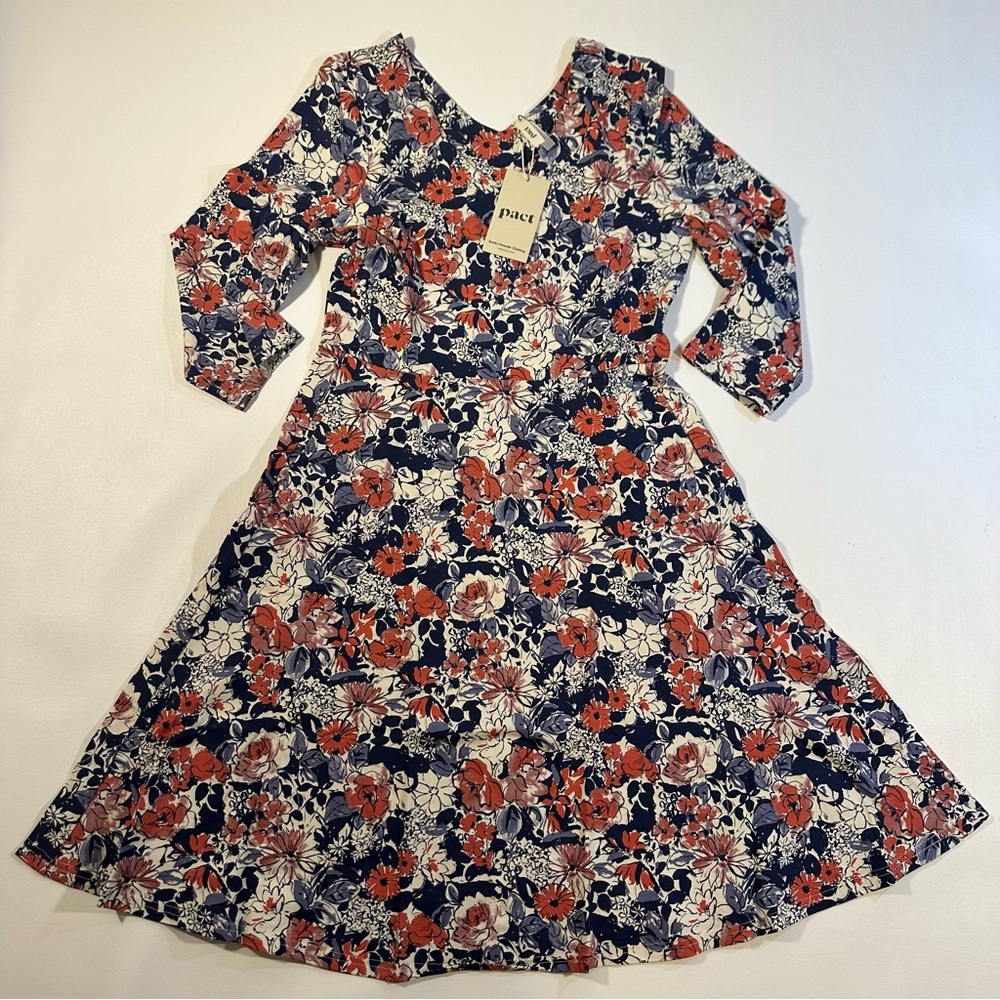 NWT Pact Organic Cotton Blend Fit & Flare 3/4 Sleeve Floral Cosmos Party Dress